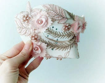 PINK PEARL columbina mask - embroidered beaded lace masquerade mask - blind mask option