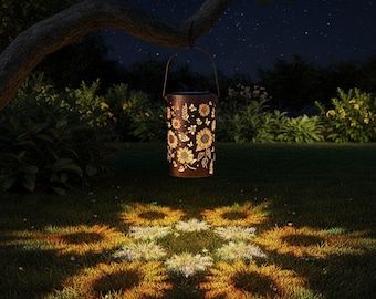 Linterna solar con forma de girasol – Lámpara de sombra de metal bronce impermeable – Proyección de flores coloridas para la decoración de jardines, patios y terrazas.