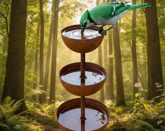 Comedero/Estaca de jardín de metal rústico de 3 niveles para pájaros, bebedero para aves silvestres.