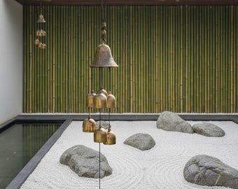 Campanilla de viento japonesa vintage / Furin de cerámica, acabado en bronce antiguo, campanas de jardín zen
