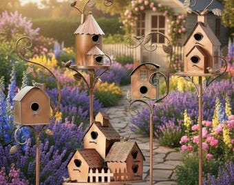 Rustic Metal Birdhouse Garden Stake – Vintage Patina Bird Feeder, Cottagecore Decor