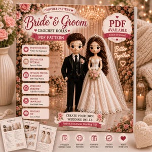 Puede incluir: Un libro de patrones de ganchillo titulado "Bride & Groom Crochet Dolls" con una muñeca de novia y novio. La portada incluye texto como "PDF Pattern" e "Instant Download". El libro también incluye instrucciones detalladas, fotos y guías de vídeo para principiantes.