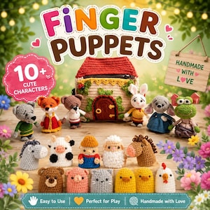 Puede incluir: Una colección de marionetas de dedo tejidas a ganchillo con varios animales y personajes, incluyendo un zorro, oso, conejo, rana, vaca, oveja, caballo y pollo, frente a una casa tejida con cremallera y el texto FINGER PUPPETS.