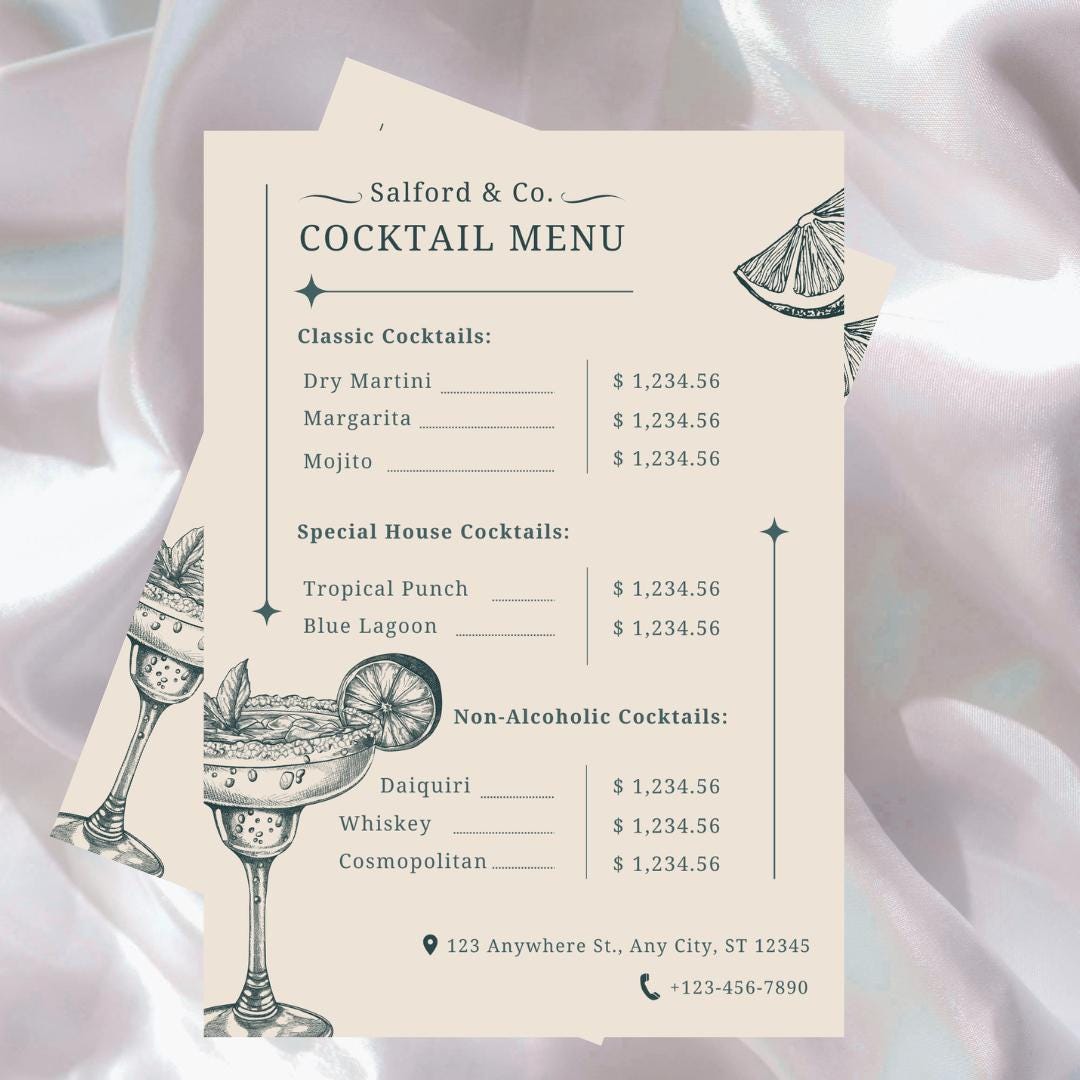 Cocktail Menu Template | Editable Canva Bar List | Printable Drink Card ...