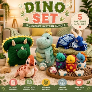 Puede incluir: Una colección de juguetes de dinosaurios tejidos a ganchillo que incluye un triceratops verde, un dinosaurio apilable verde claro, un dragón azul, un dinosaurio rosa y tres dinosaurios pequeños en huevos. El texto DINO SET 5 CROCHET PATTERN BUNDLE es visible.