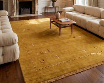 Mustard Yellow Gabbeh Rug Wool Area Carpet, Minimalist Boho Living Room Floor Decor, Tribal Animal Motif Large Gabbeh Rug