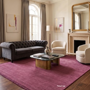 Handloom Solid Burgundy Wool Rug - Minimalist Boho Plum Area Carpet with Fringe - Luxury Modern Living Room Accent, Durable Woven Rug