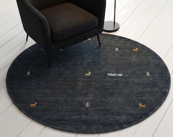 Handloom Round Wool Rug | Charcoal Grey Deer Tree Motif | Modern Tribal Boho Carpet