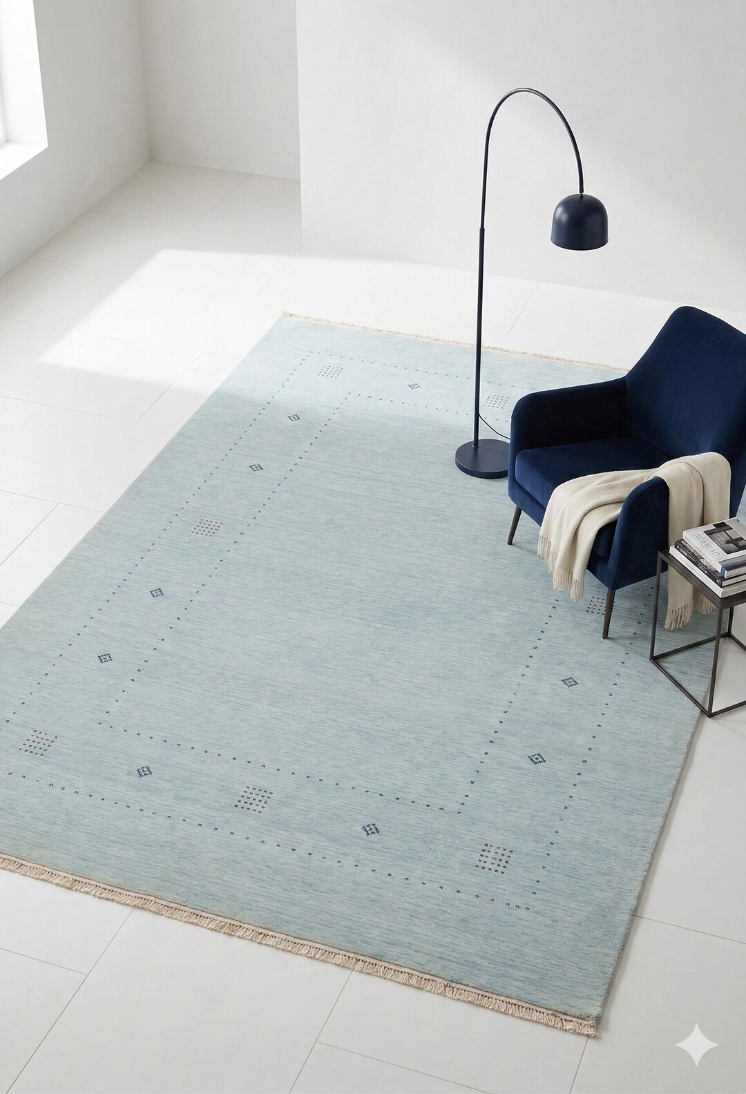 Small Blue Wool Rug Light Blue Handloom Gabbeh Wool Rug Minimalist Geometric Area Rug ...
