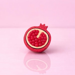 Puede incluir: Una granada roja cortada por la mitad, revelando las jugosas semillas rojas y el interior crema. La granada tiene una superficie texturizada y brillante, sobre un fondo rosa. La imagen es un primer plano, destacando los detalles.