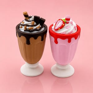 May include: Two miniature milkshake figurines on white pedestal bases. The left one is brown with dark chocolate drizzle, topped with white cream, chocolate squares, and wafer sticks. The right one is pink with red drizzle, topped with white cream and a strawberry slice.