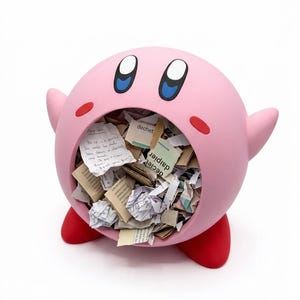 May include: A pink, spherical container shaped like a cartoon character, with red feet and small arms. The container's mouth is open, filled with crumpled paper scraps. The character has blue eyes and red cheek spots.