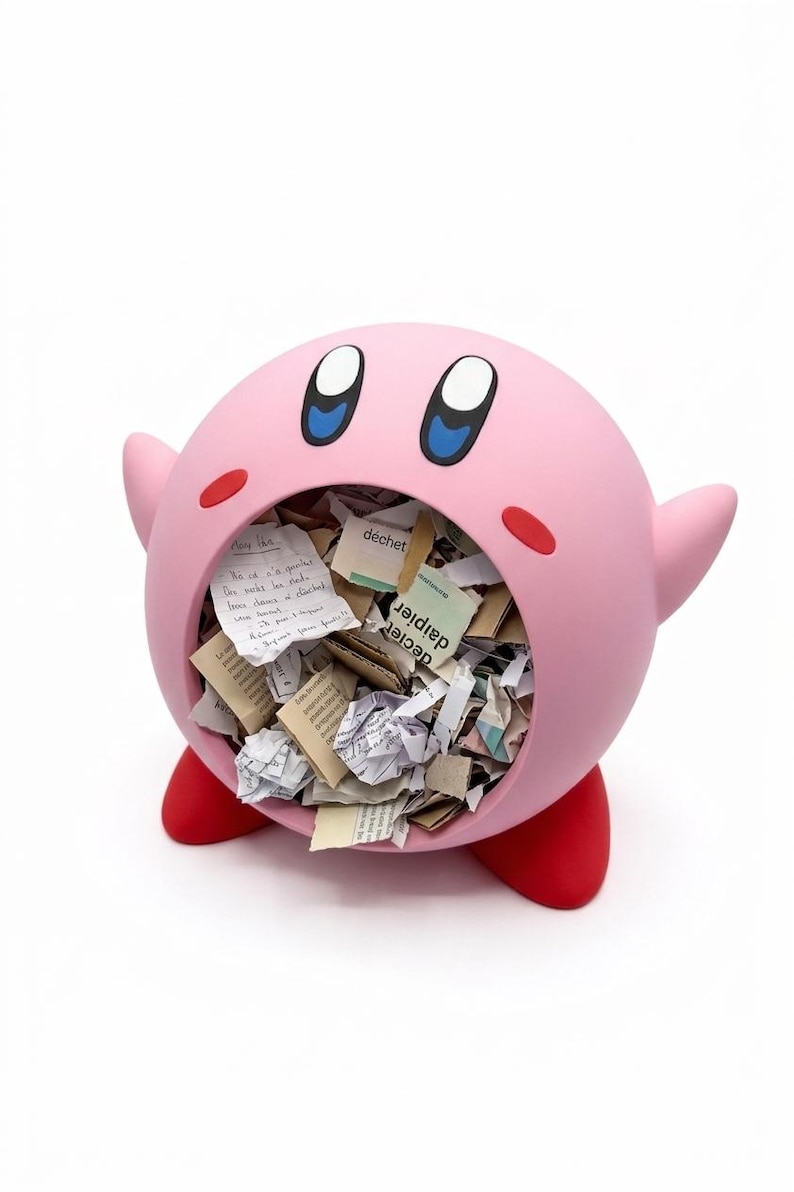 May include: A pink, spherical container shaped like a cartoon character, with red feet and small arms. The container's mouth is open, filled with crumpled paper scraps. The character has blue eyes and red cheek spots.