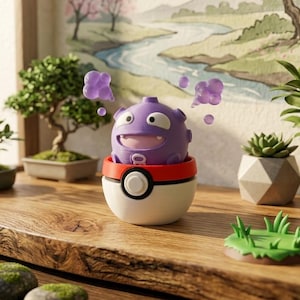 Puede incluir: Un personaje de dibujos animados morado con una cara sonriente y nubes de vapor moradas, sentado dentro de una Poké Ball roja, blanca y negra. El personaje está sobre una superficie de madera con plantas en miniatura y una pintura en el fondo.