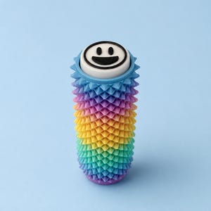 Puede incluir: Un juguete colorido con diseño de cara sonriente y colores del arcoíris. El juguete tiene forma cilíndrica con una superficie texturizada y puntiaguda. La parte superior tiene un círculo blanco con una cara sonriente negra, rodeado por un anillo azul.