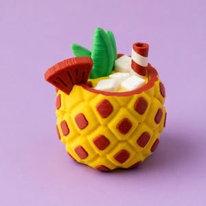 Peut inclure: Une boisson fantaisiste en forme d'ananas jaune avec des accents rouges. La boisson comprend une paille rayée rouge et blanche, des feuilles vertes et une garniture rouge. La boisson est remplie de cubes blancs, et l'ananas a des détails en forme de losange rouge.