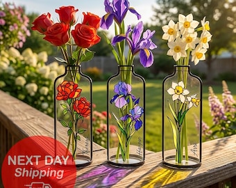 Personalized Birth Flower Suncatcher Vase, Custom Stained Glass Bottle, Gift for Mom Grandma, Mothers Day Birthday, Grandma's Garden MX68