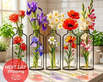 Glass Birth Month Flowers, Flower Stained Glass Vase, April Birthday Gift, Mother's Day Gift, Birth Flower For Mom, Women Birthday Gift MX68