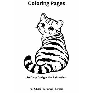 Könnte beinhalten: Schwarz-weiße Illustration einer Katze mit gestreiftem Fell, die über ihre Schulter blickt. Der Text "Easy Bold Cat Coloring Pages" steht oben, mit "30 Cozy Designs for Relaxation" und "For Adults • Beginners • Seniors" darunter.