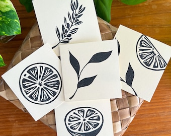 Mini Citrus Notecards Set of 5 | Blank 3x3 Greeting Cards | Hand Carved | Block Print