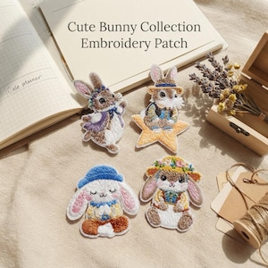 May include: Four embroidered patches featuring bunnies in various outfits. One bunny wears a purple dress, one sits on a yellow star wearing a hat, one has a blue hat and closed eyes, and one wears a floral hat. Text reads: Cute Bunny Collection Embroidery Patch.