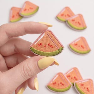 Può includere: Una toppa ricamata triangolare a forma di fetta di anguria. La toppa presenta un interno color pesca con piccoli semi ricamati in rosso, una sezione di buccia bianca e un bordo esterno verde. Diverse toppe identiche sono sparse.