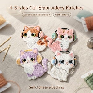 May include: Four embroidered cat patches featuring kittens wearing headphones. The cats are coloured orange and white, pink and white, purple and white, and solid white. The text 4 Styles Cat Embroidery Patches, Cute Handmade Design, Soft Texture, and Self-Adhesive Backing is visible.
