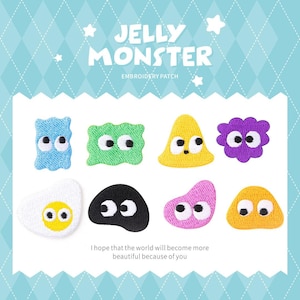 Parche bordado de monstruo de gelatina adorable, aplique de slime kawaii autoadhesivo para diario, funda de teléfono, mochila y decoración DIY.