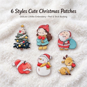 May include: Six embroidered Christmas patches featuring a decorated tree, a person in a winter hat, Santa Claus with a bag, a red apple with a mustache, a snowman with a scarf, and a reindeer. Text reads 6 Styles Cute Christmas Patches.