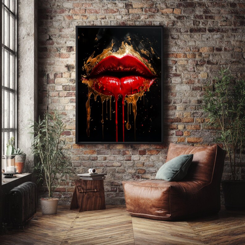 Bold Red Lips Canvas Wall Art, Abstract Gold Drips Painting, Modern ...