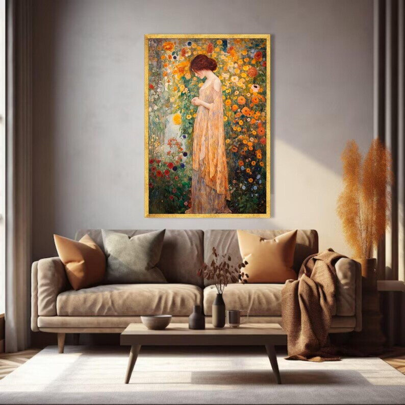 Gustav Klimt Floral Woman Canvas Print, Vintage Garden Wall Art, Large ...