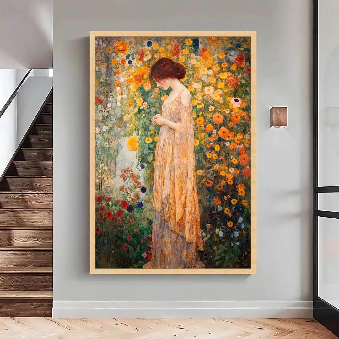 Gustav Klimt Floral Woman Canvas Print, Vintage Garden Wall Art, Large ...