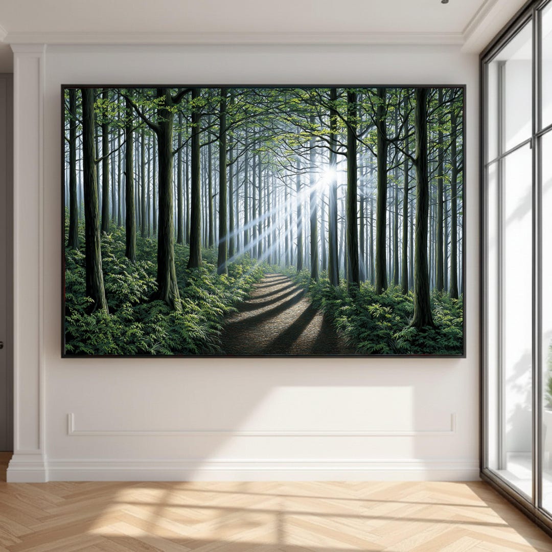 Sunlit Forest Path Canvas Wall Art, Nature Landscape Painting, Woodland ...