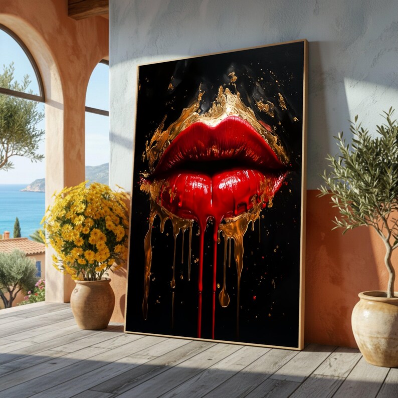 Bold Red Lips Canvas Wall Art, Abstract Gold Drips Painting, Modern ...