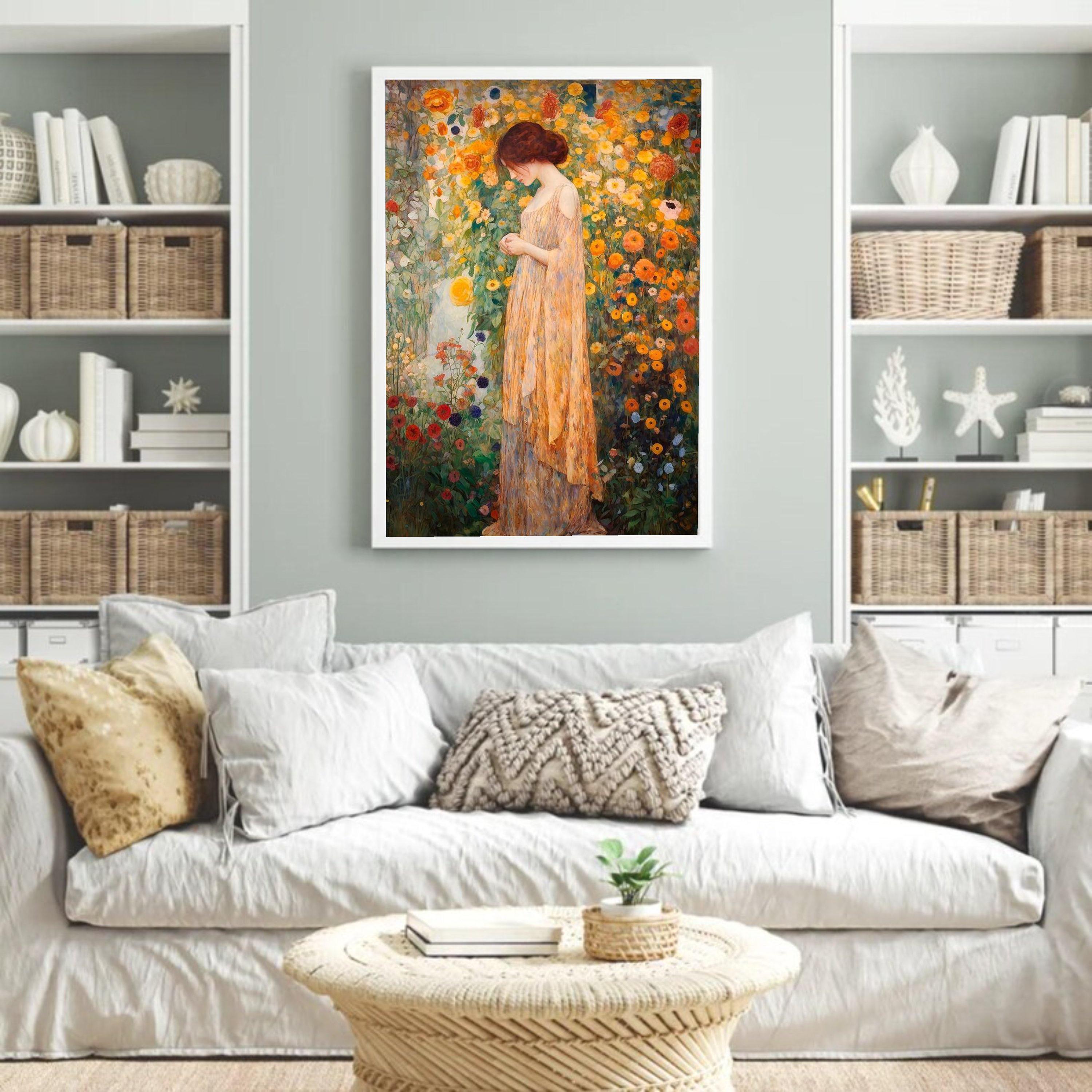 Gustav Klimt Floral Woman Canvas Print, Vintage Garden Wall Art, Large ...