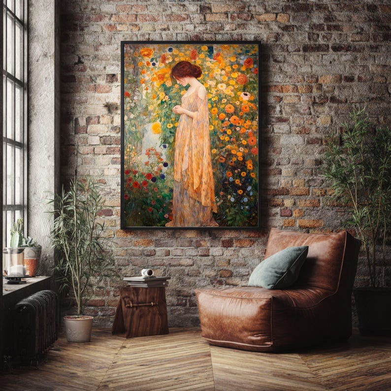 Gustav Klimt Floral Woman Canvas Print, Vintage Garden Wall Art, Large ...