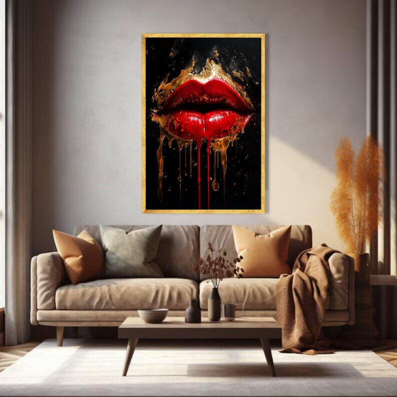 Bold Red Lips Canvas Wall Art, Abstract Gold Drips Painting, Modern ...