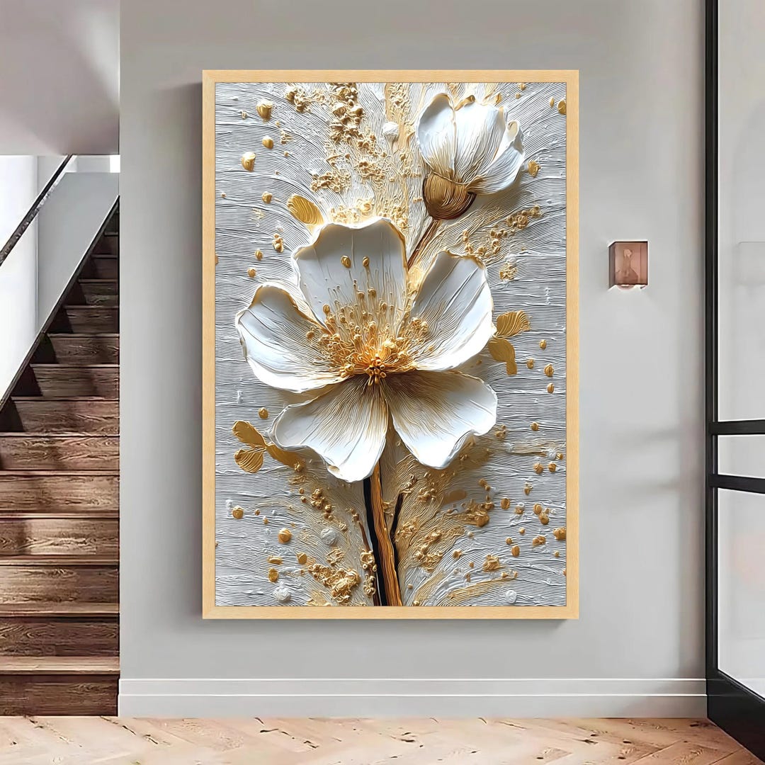 White and Gold Floral Canvas Art, Modern Home Decor, Large Canvas Wall ...