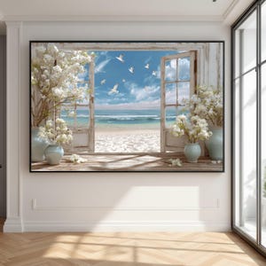 Offene Strand Fenster Leinwand, Küsten Wand Kunst, Blick aufs Meer mit fliegenden Möwen, Meer - Große Leinwand Wand Kunst, übergroße Statement Piece