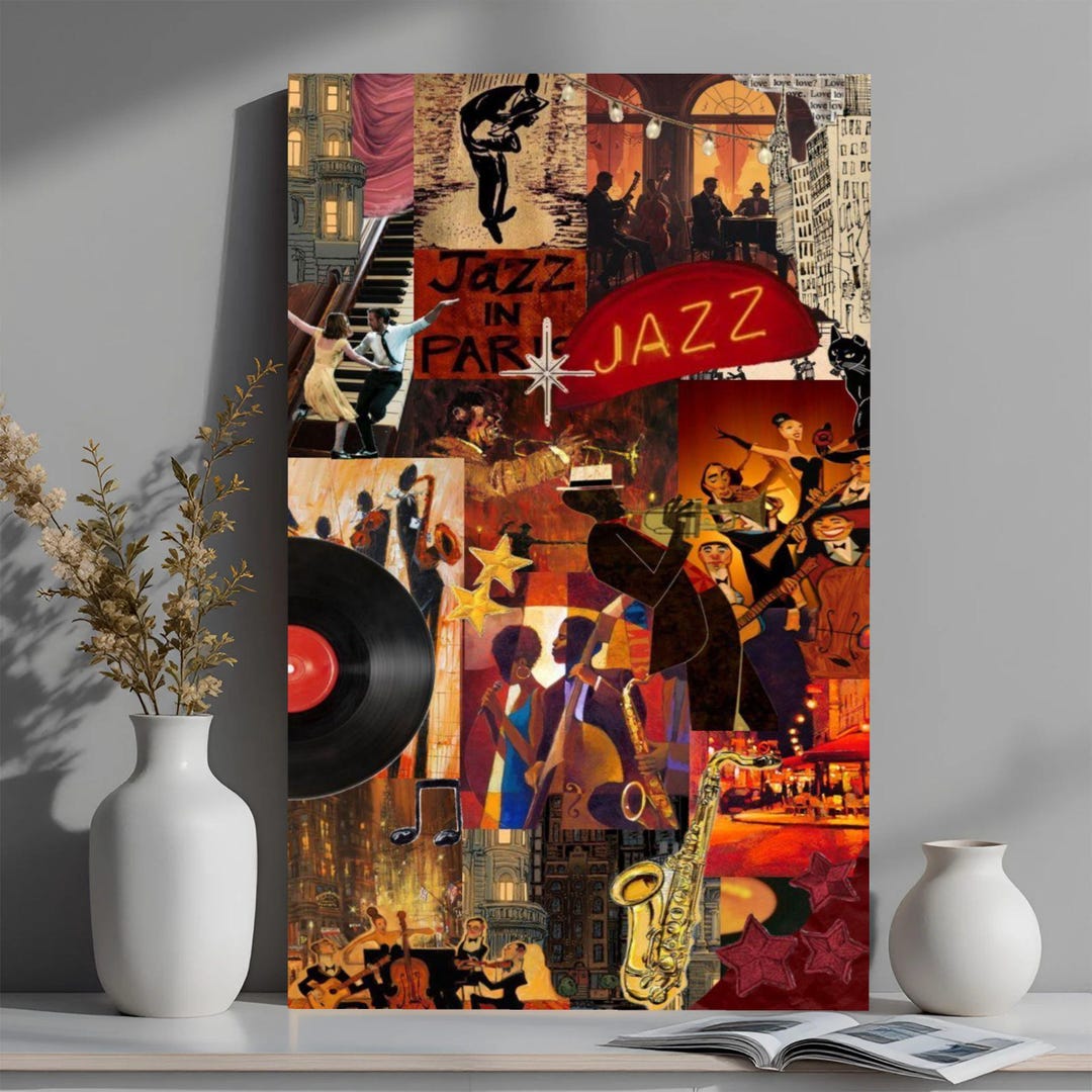 Retro Jazz Collage Canvas Print, Saxophone, Urban Art, Large Canvas ...