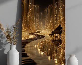 May include: A canvas print depicts a grand piano at the end of a path made of piano keys. The path leads through a golden, glowing landscape with light strands. The artwork is displayed on a white shelf with vases and a book.