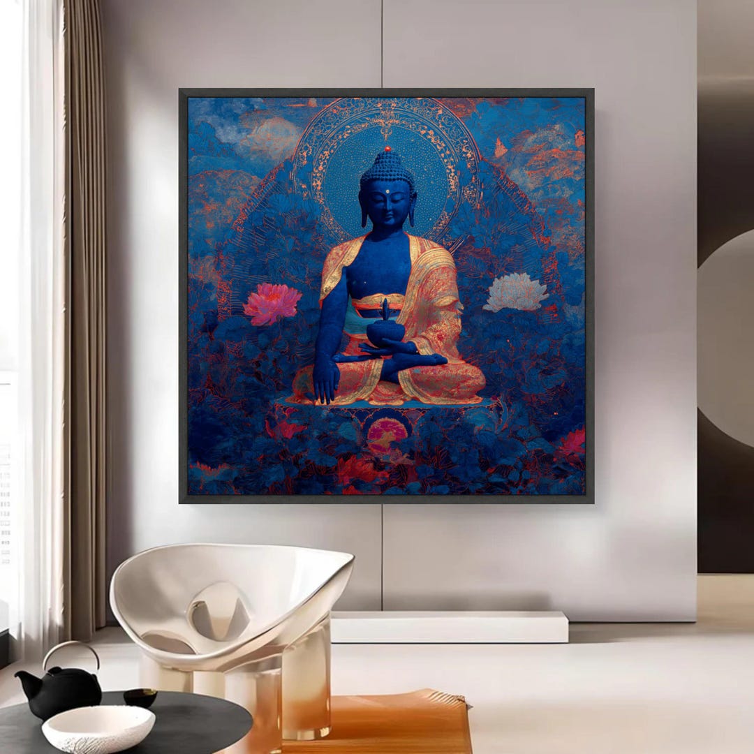Blue Buddha Canvas Art, Gold Lotus Flower, Zen Decor, Large Canvas Wall ...