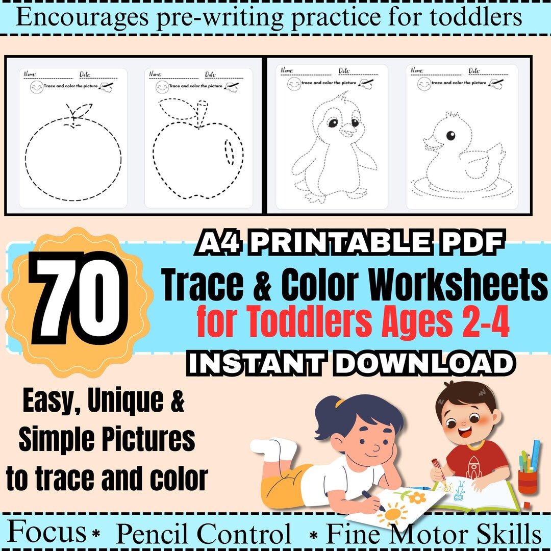 Trace & Color Worksheets – Fine Motor Skills for Toddlers (ages 2–4