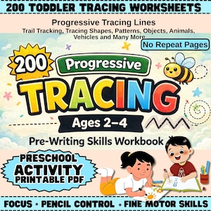 Puede incluir: Una colorida portada de cuaderno de trabajo con el texto "200 Hojas de Trabajo de Trazado para Niños Pequeños" y "Líneas de Trazado Progresivas". Presenta ilustraciones de una abeja, niños y las palabras "Tracing" y "Ages 2-4".
