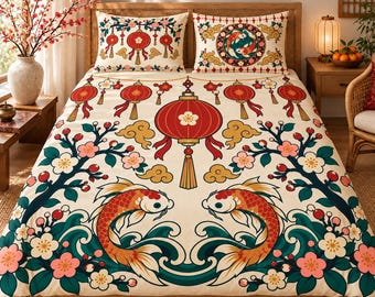 Juego de funda nórdica para el Año Nuevo Lunar, ropa de cama con estampado de peces koi y flores de ciruelo, fundas de almohada, decoración asiática con farol rojo, regalo para el Año Nuevo Lunar