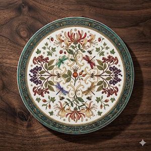 Peut inclure: Assiette décorative ronde avec un motif floral et d'insectes détaillé. L'assiette présente un fond blanc avec un arrangement central de fleurs, de baies et de libellules de différentes couleurs, encadré par une bordure turquoise.