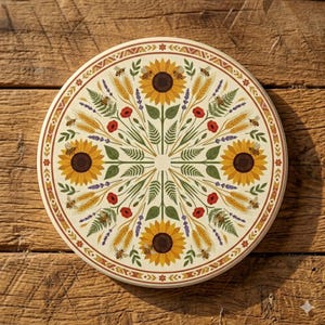 May include: Round decorative trivet with a floral design featuring sunflowers, bees, wheat, lavender, and red poppies. The trivet has a cream-colored background with a decorative border and is placed on a wooden surface.