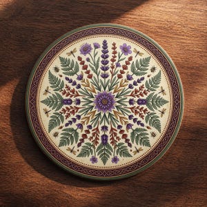 Puede incluir: Posavasos redondo de cerámica con diseño floral. El posavasos presenta una flor central morada rodeada de lavanda, helechos y otros elementos botánicos en tonos morados, verdes y marrones. Un borde decorativo enmarca el diseño.