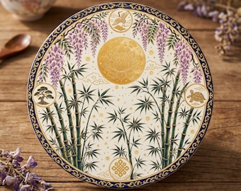 Round Ceramic Coaster with Gold Lotus, Bamboo and Wisteria Mandala in Patina Blue