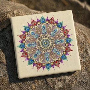Könnte beinhalten: Ein quadratischer, cremefarbener Untersetzer mit einem detaillierten, farbenfrohen Mandala-Design. Das Mandala hat einen gelben Mittelkreis, umgeben von komplizierten Mustern in Blau-, Grün-, Rot- und Lilatönen. Der Untersetzer liegt auf einer strukturierten, braunen Oberfläche.